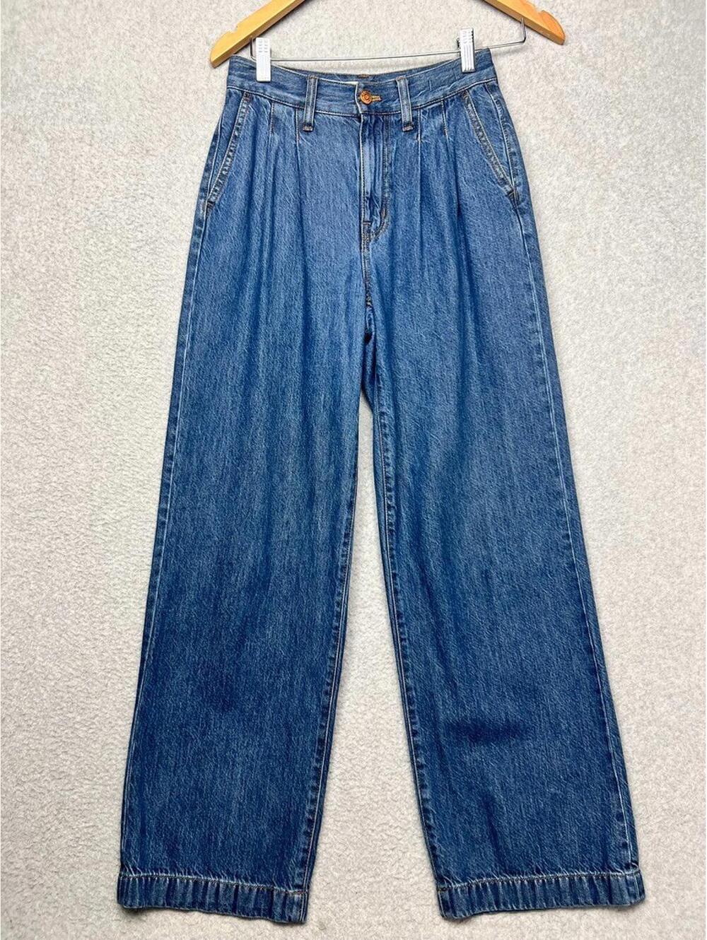 Madewell The Harlow Wide Leg Pleated Jeans 23 Benicia Wash Baggy Straight Boho